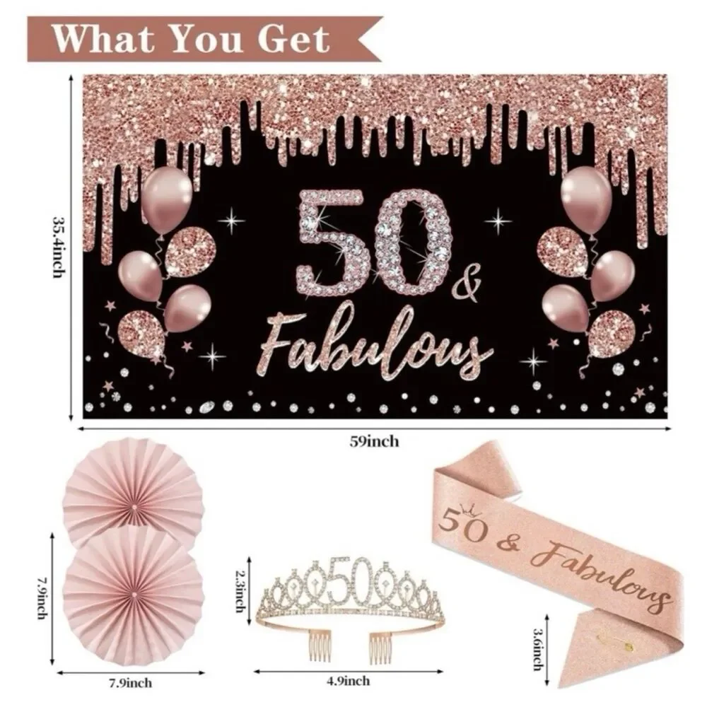 50th Birthday Decorations for Women Black Rose Gold Party Supplies Crown Sash